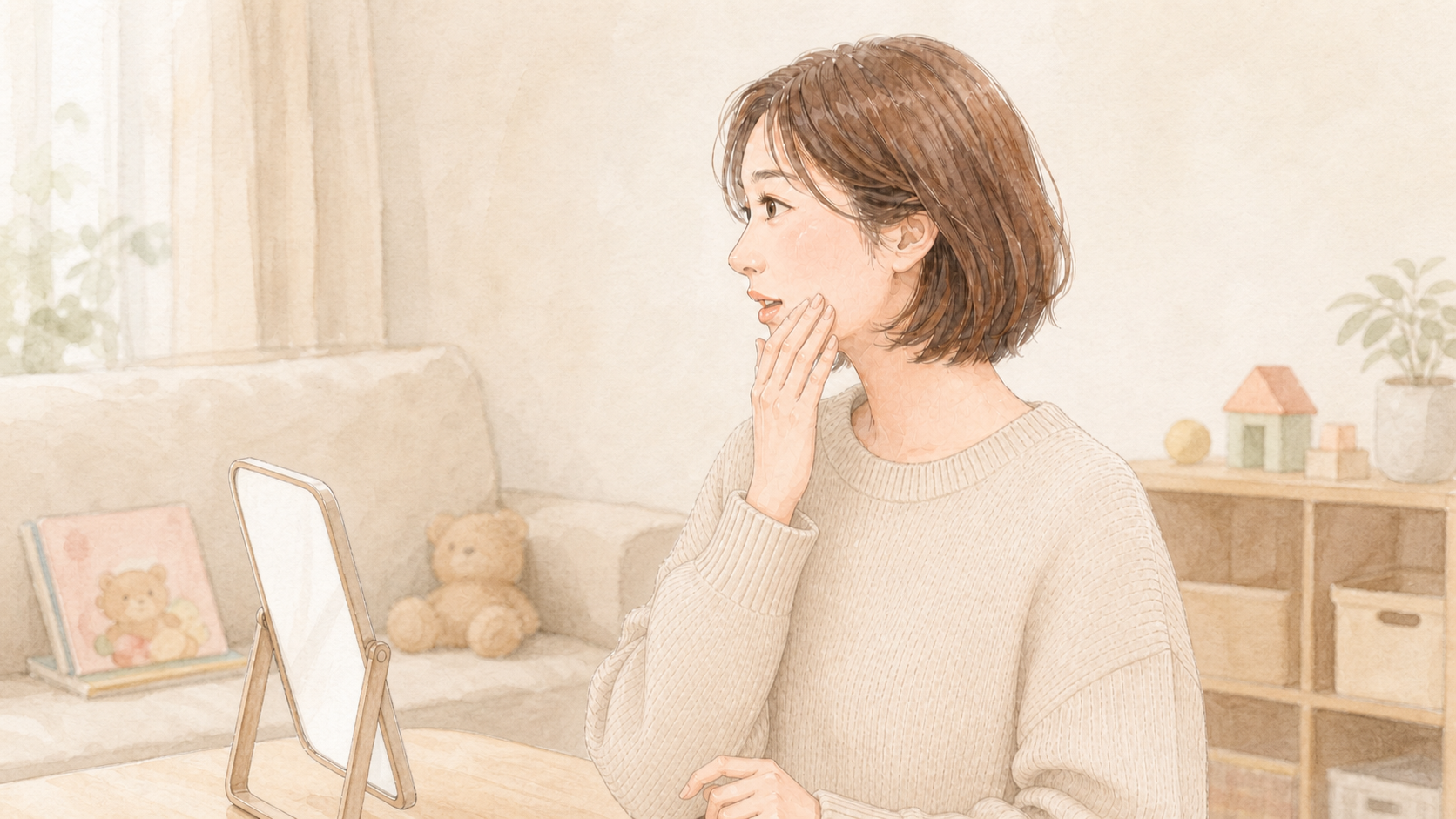 子育ての合間に鏡越しで自分の顔の変化に気づく女性の横顔イラスト