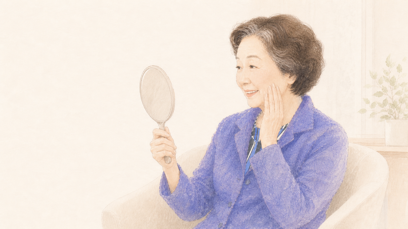 手鏡で自分の顔を見ている80歳の患者様をイメージした水彩イラスト