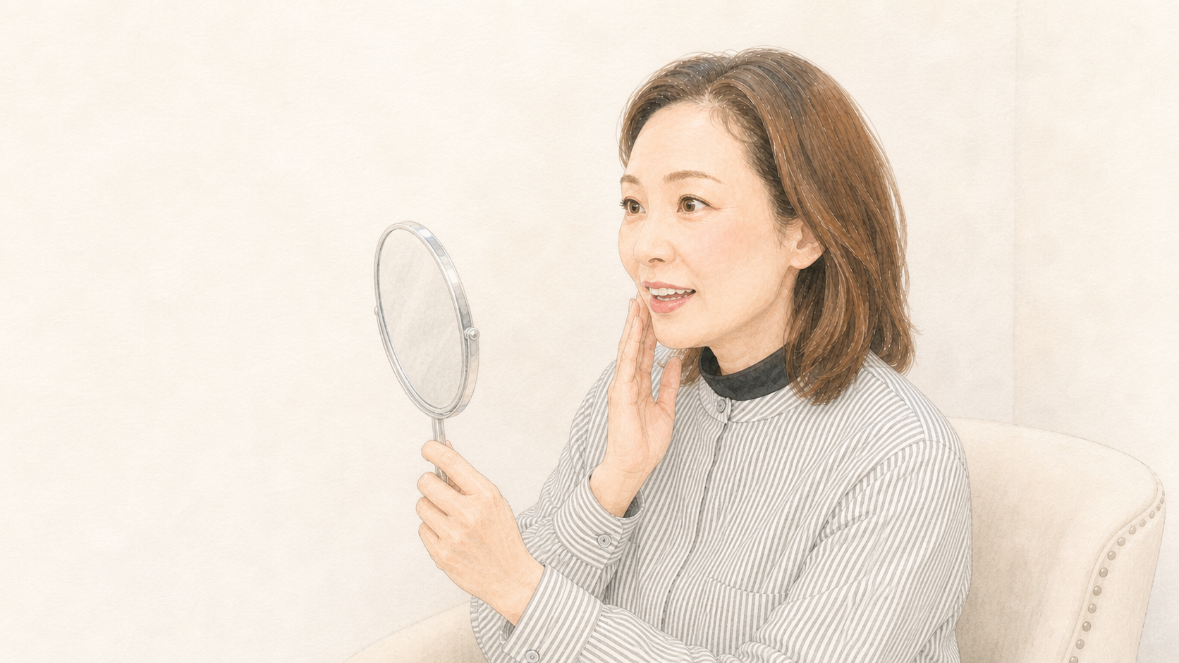 施術直後に手鏡を見ながら、自然な変化に驚く60代女性のイメージイラスト