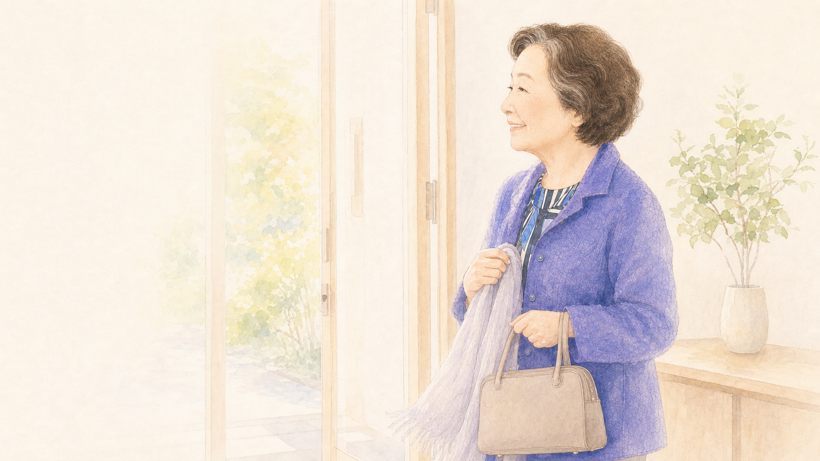 外出の支度をしている80歳の患者様をイメージした水彩イラスト
