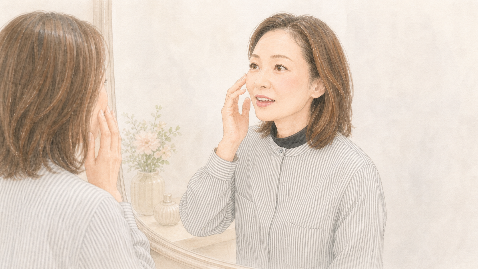 鏡の中の自分を見ながら、20年前の顔を思い出す60代女性のイメージイラスト