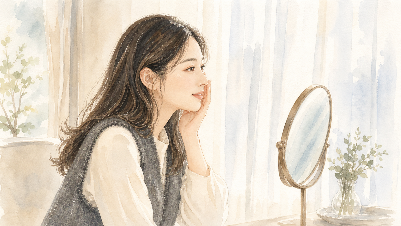 朝のやわらかな光の中で鏡を見ながら、肌の変化を確かめる女性の横顔イラスト