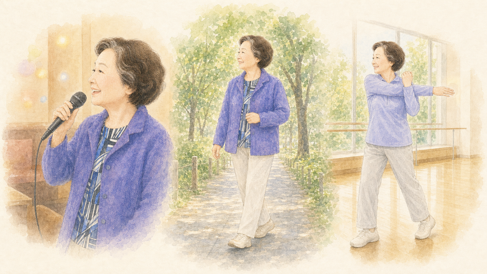 カラオケや散歩など、日常を楽しむ80歳の患者様をイメージした水彩イラスト