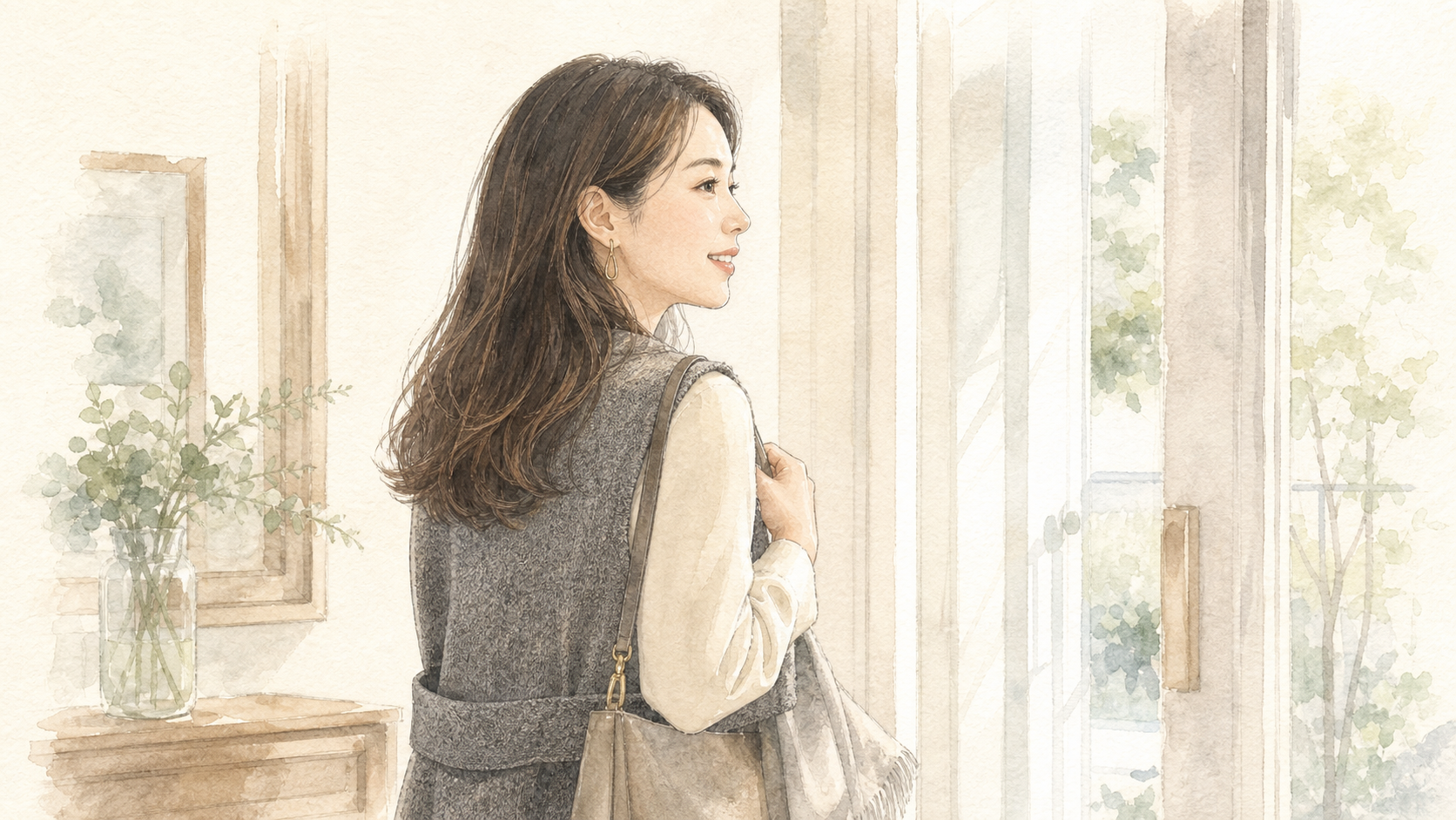 身支度を整えて外に出ようとする前向きな気持ちの女性を描いた横長イラスト