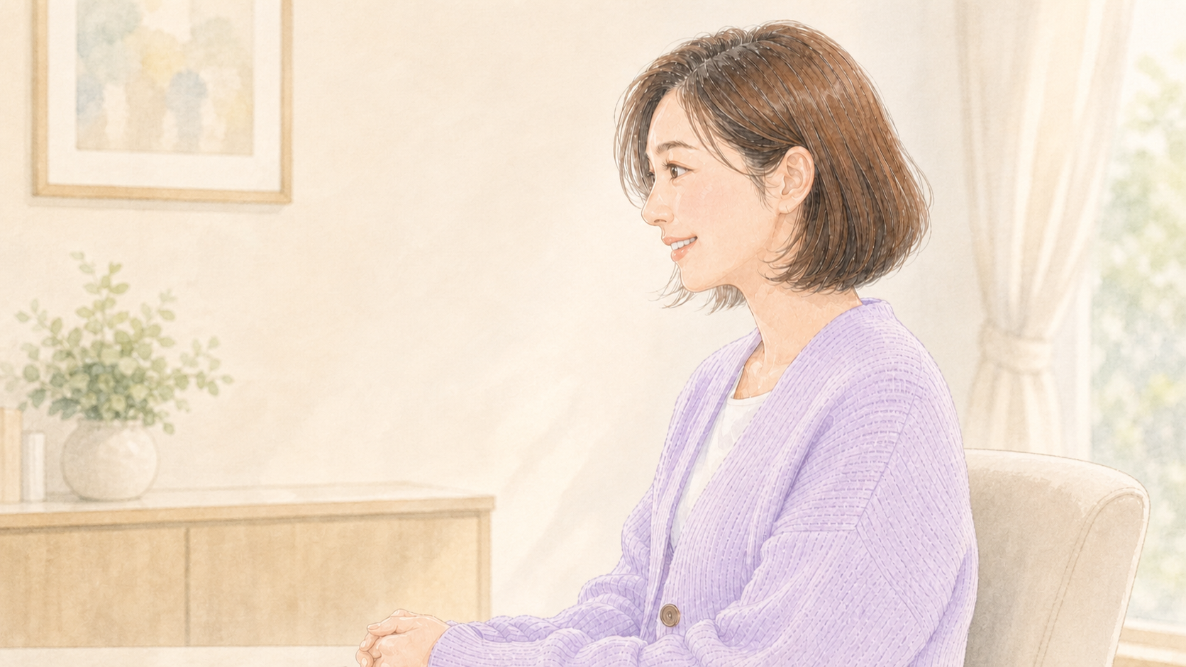 顔全体の変化について、笑顔でインタビューに答える女性の横顔イラスト