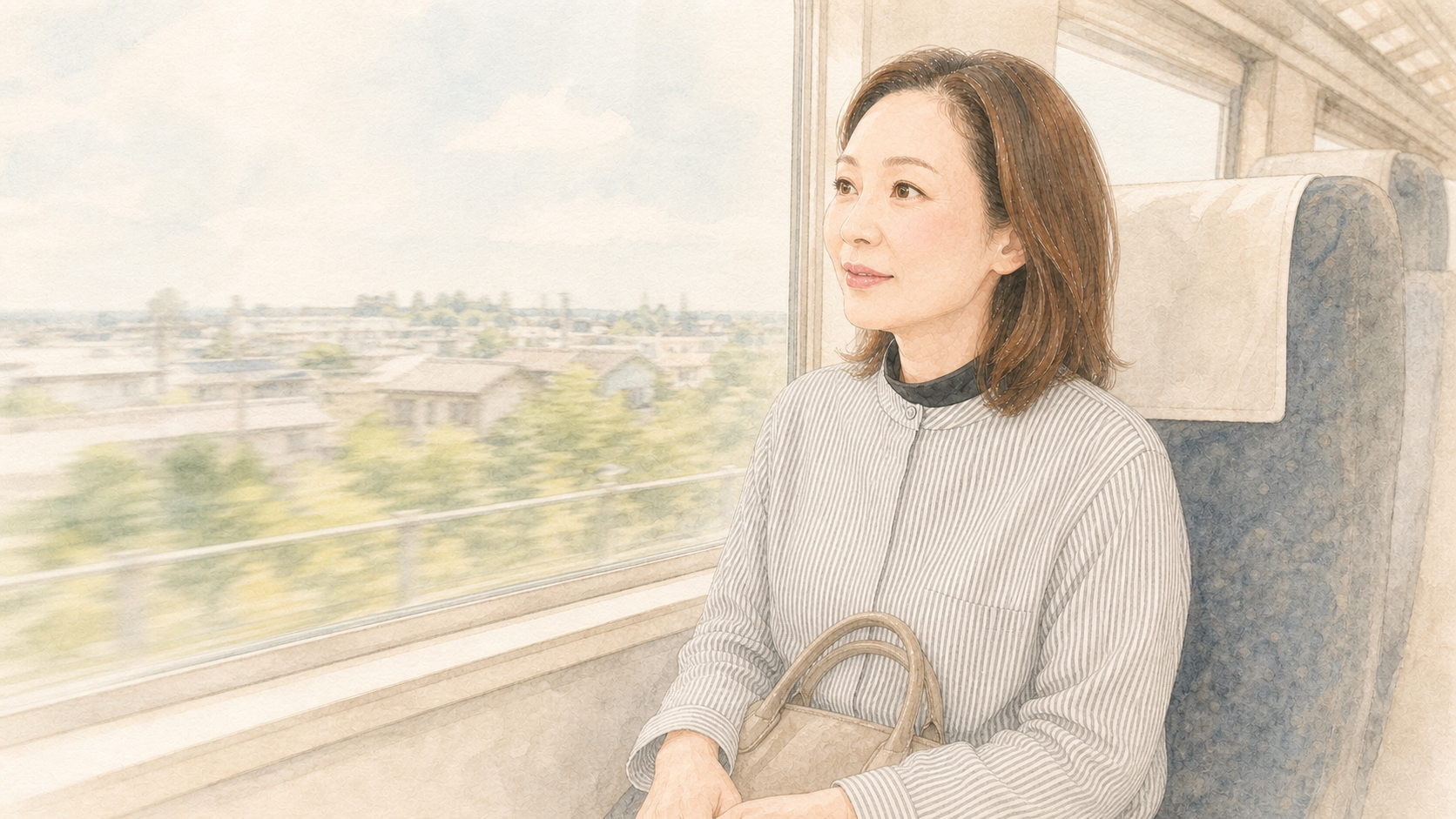 予約の日に向かうため、電車の窓辺で静かに過ごす60代女性のイメージイラスト