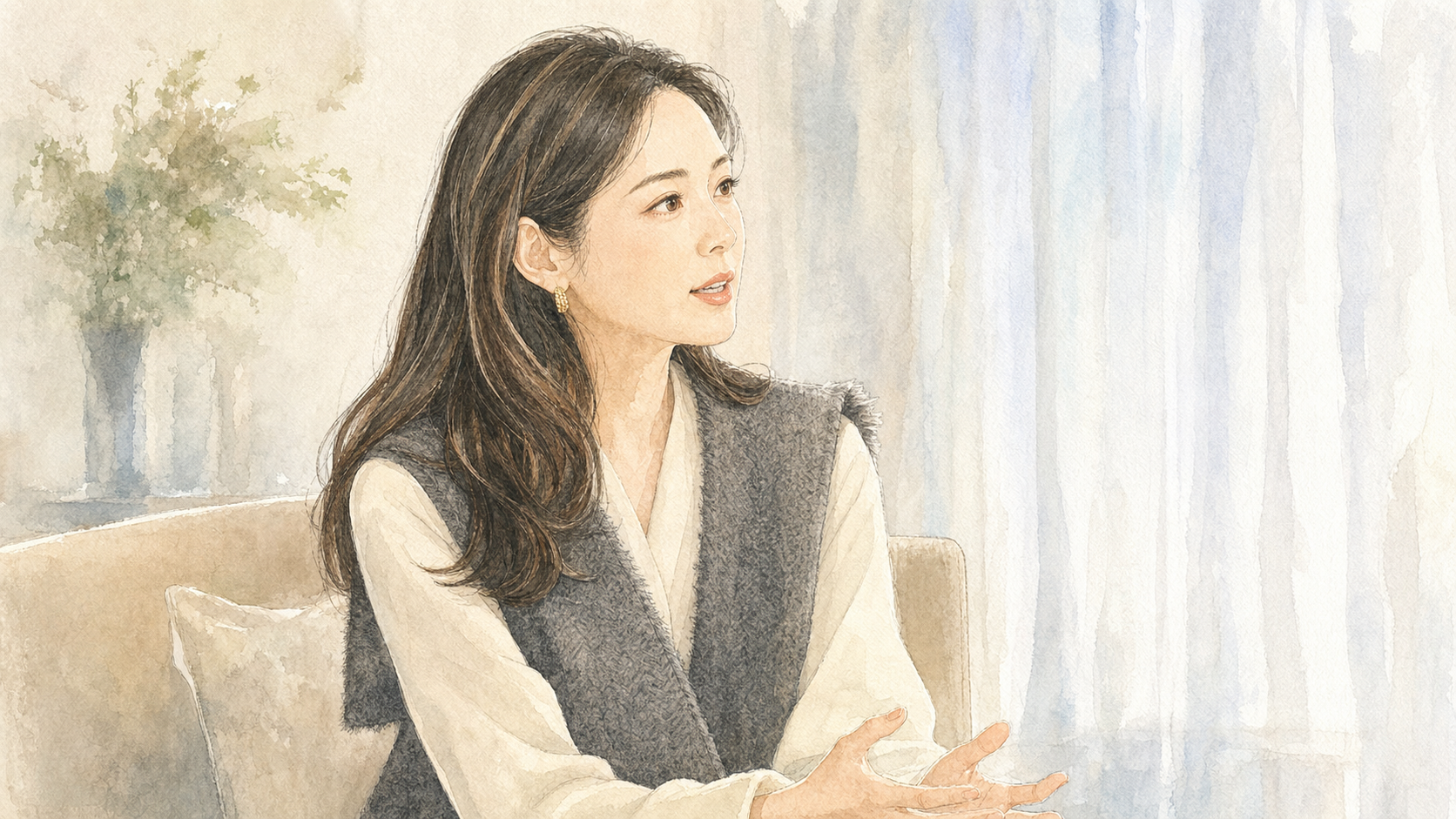 インタビューの中で、自分らしい年齢の重ね方について静かに語る女性のイラスト