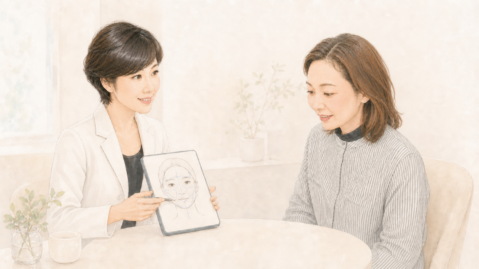 顔全体のバランスについて医師から説明を受ける60代女性のイメージイラスト