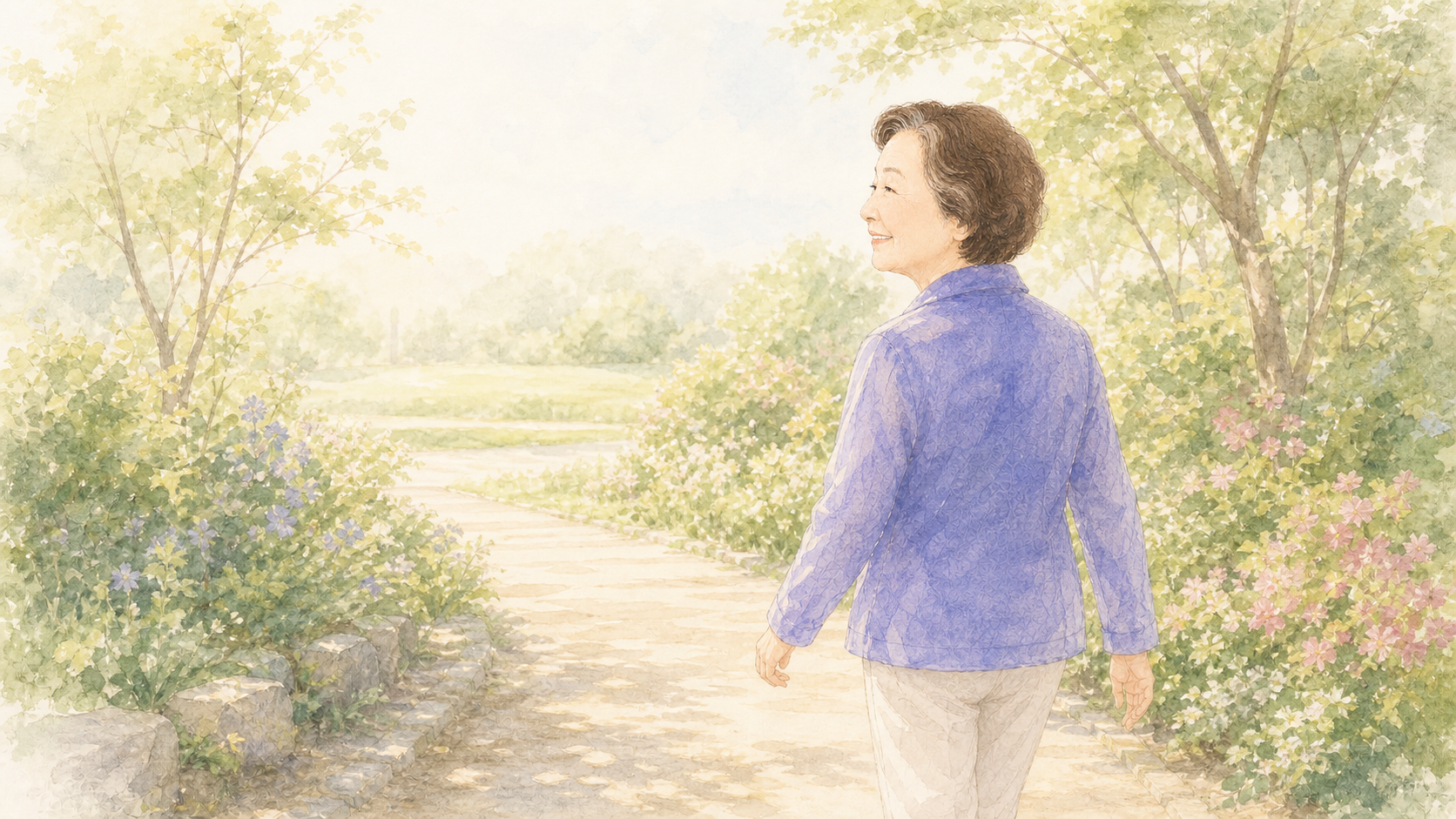 明るい小道を歩いていく80歳の患者様をイメージした水彩イラスト