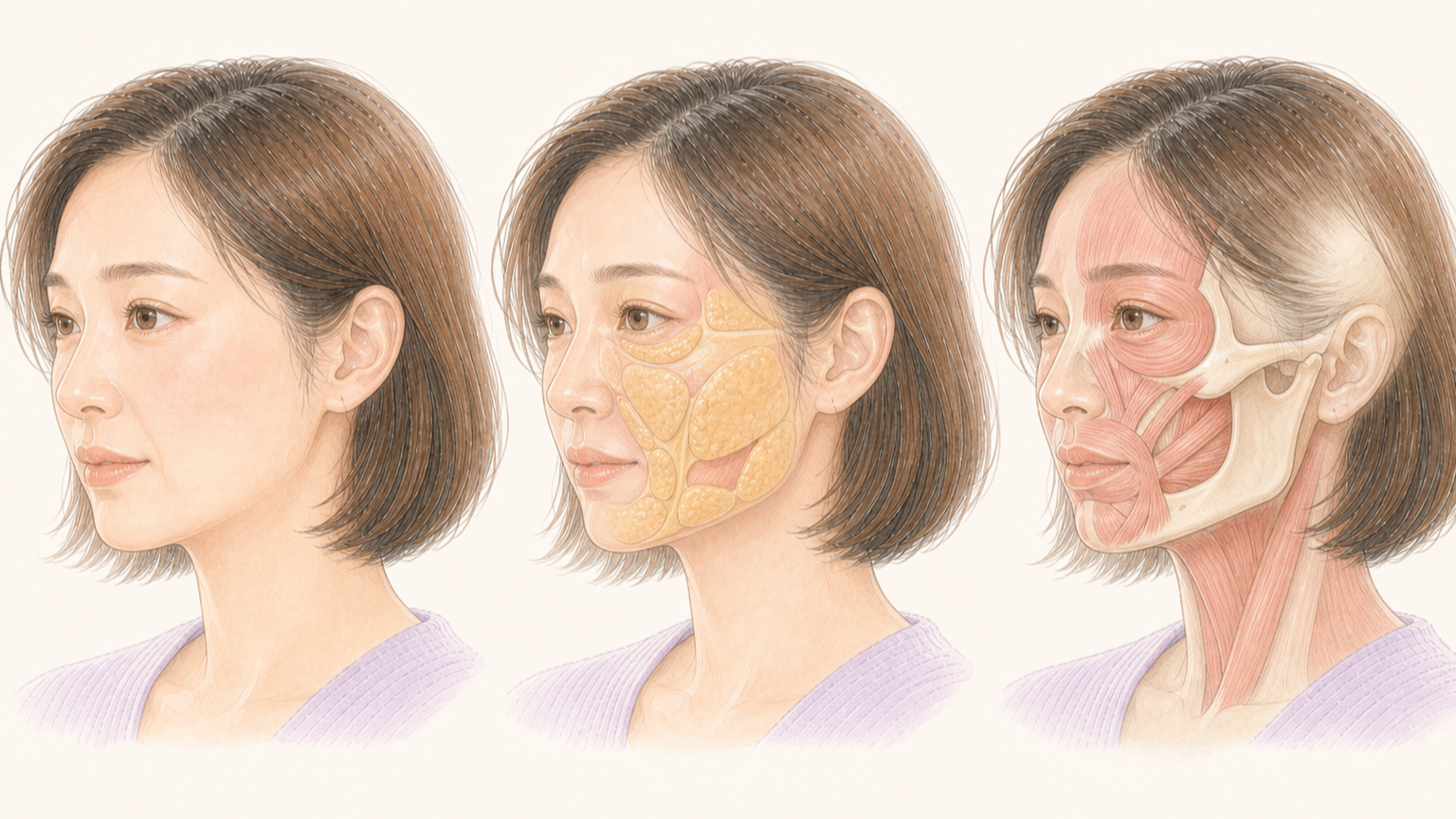 ヒアルロン酸注入治療の診察で確認する顔の表面、脂肪区画、骨格と表情筋を三段階で示した医学イラスト