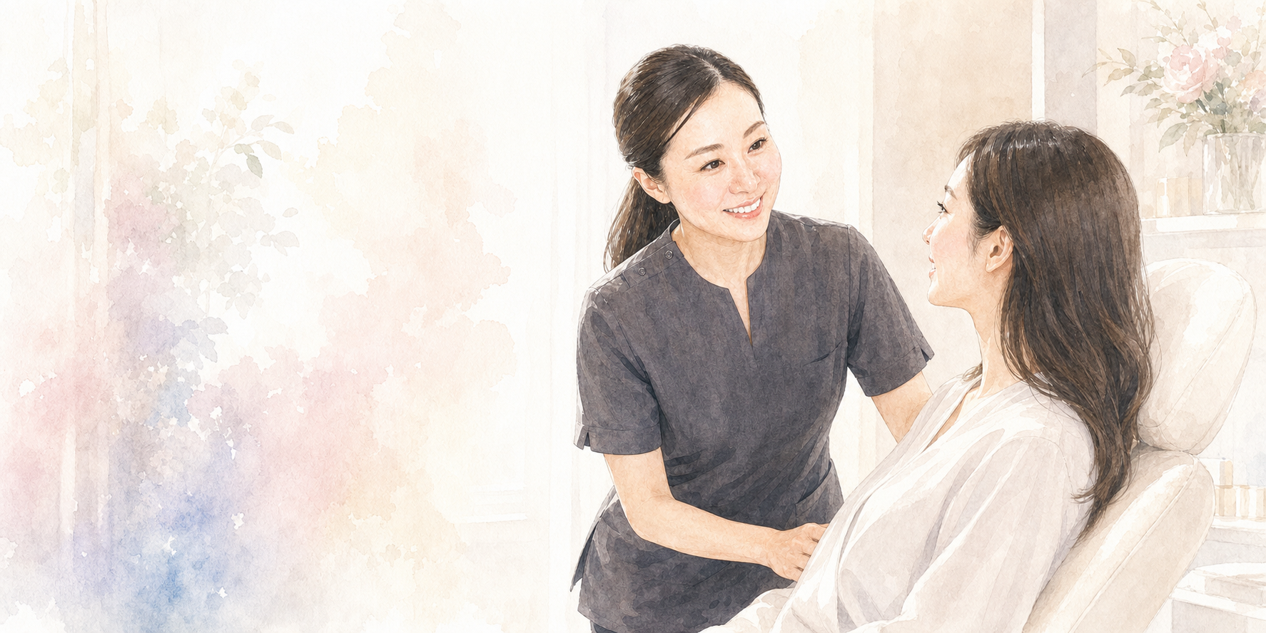患者様にやさしく寄り添う及川智江子さんを描いた横長イラスト