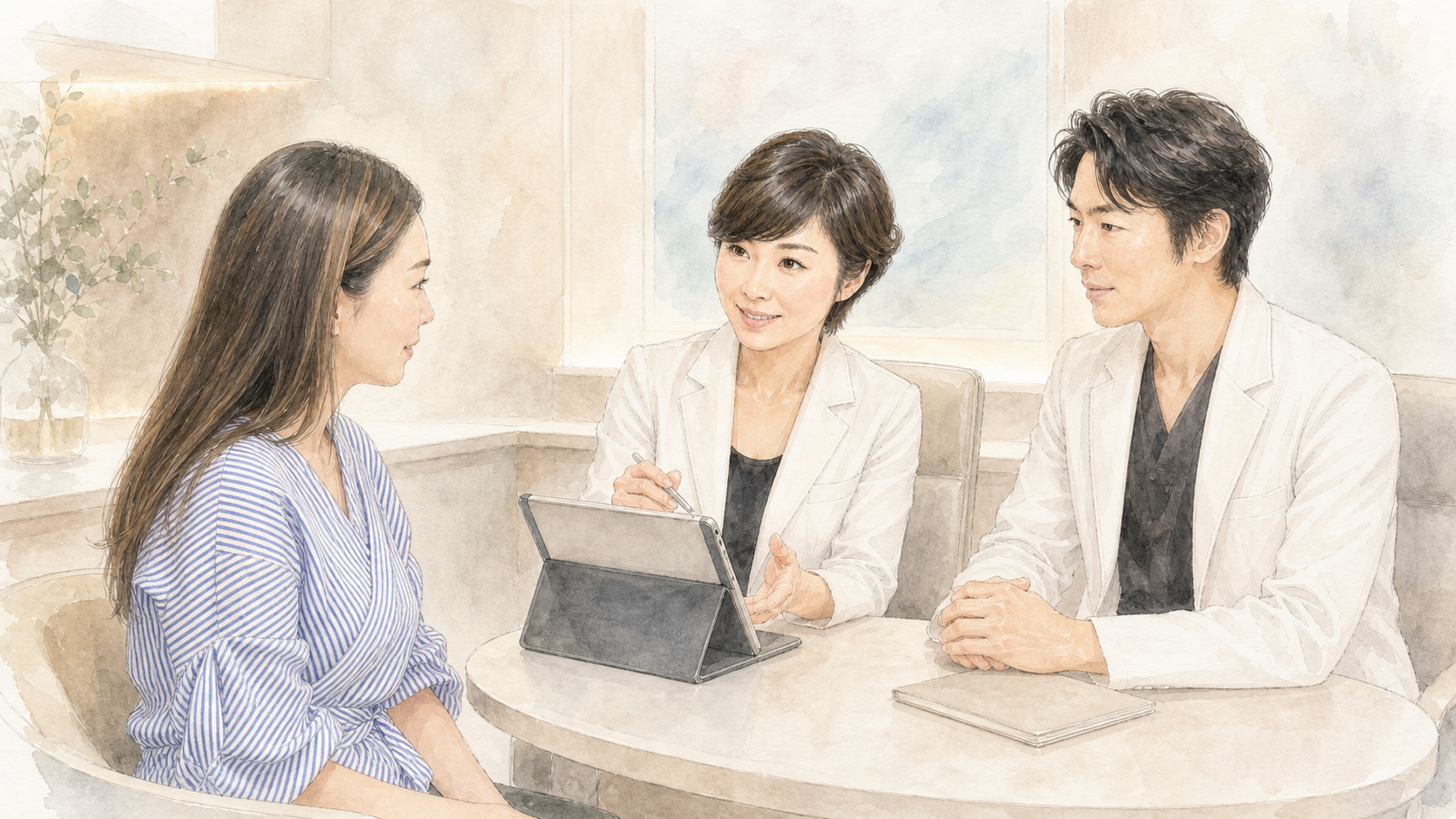患者に二人の医師がCross TALKの考え方を説明している、水彩タッチの横長イラスト