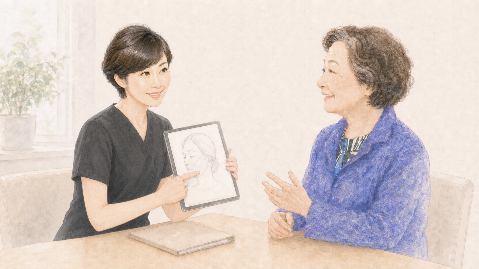 診察室で医師に希望を相談している80歳の患者様をイメージした水彩イラスト