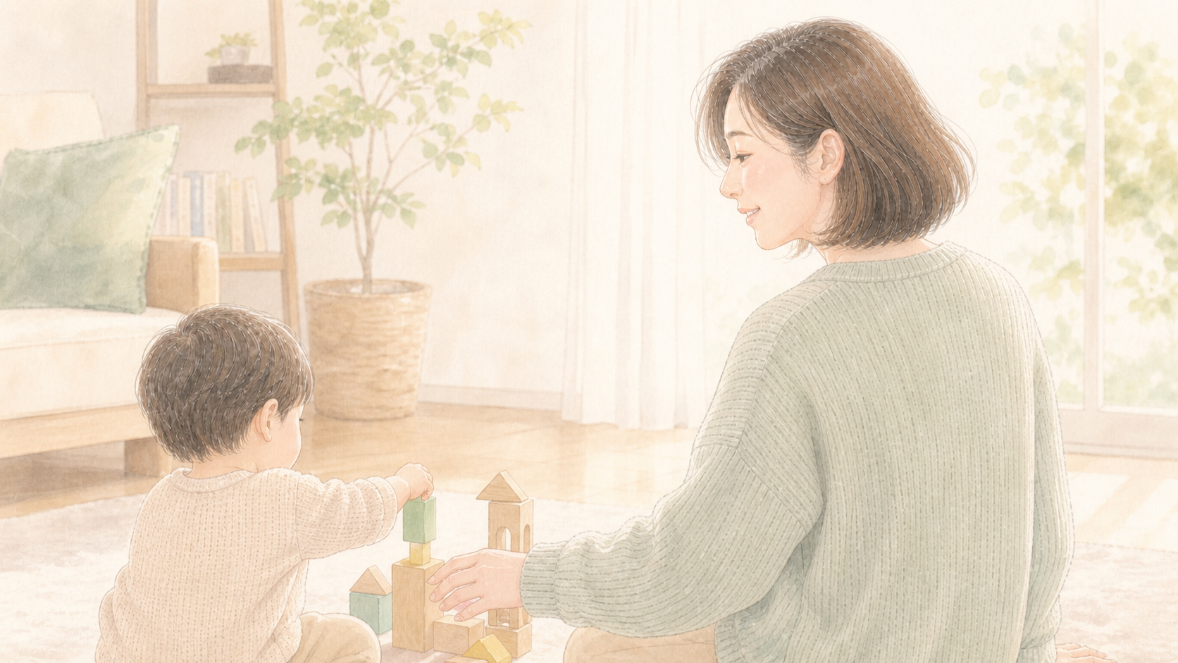 子どもと過ごしながら穏やかな笑顔を見せる女性の後ろ姿イラスト