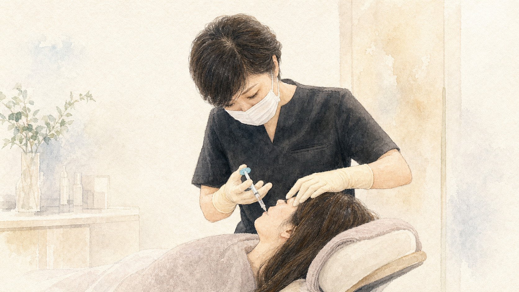 副院長 奥美香子が患者へスキンバイブを注入している水彩イラスト
