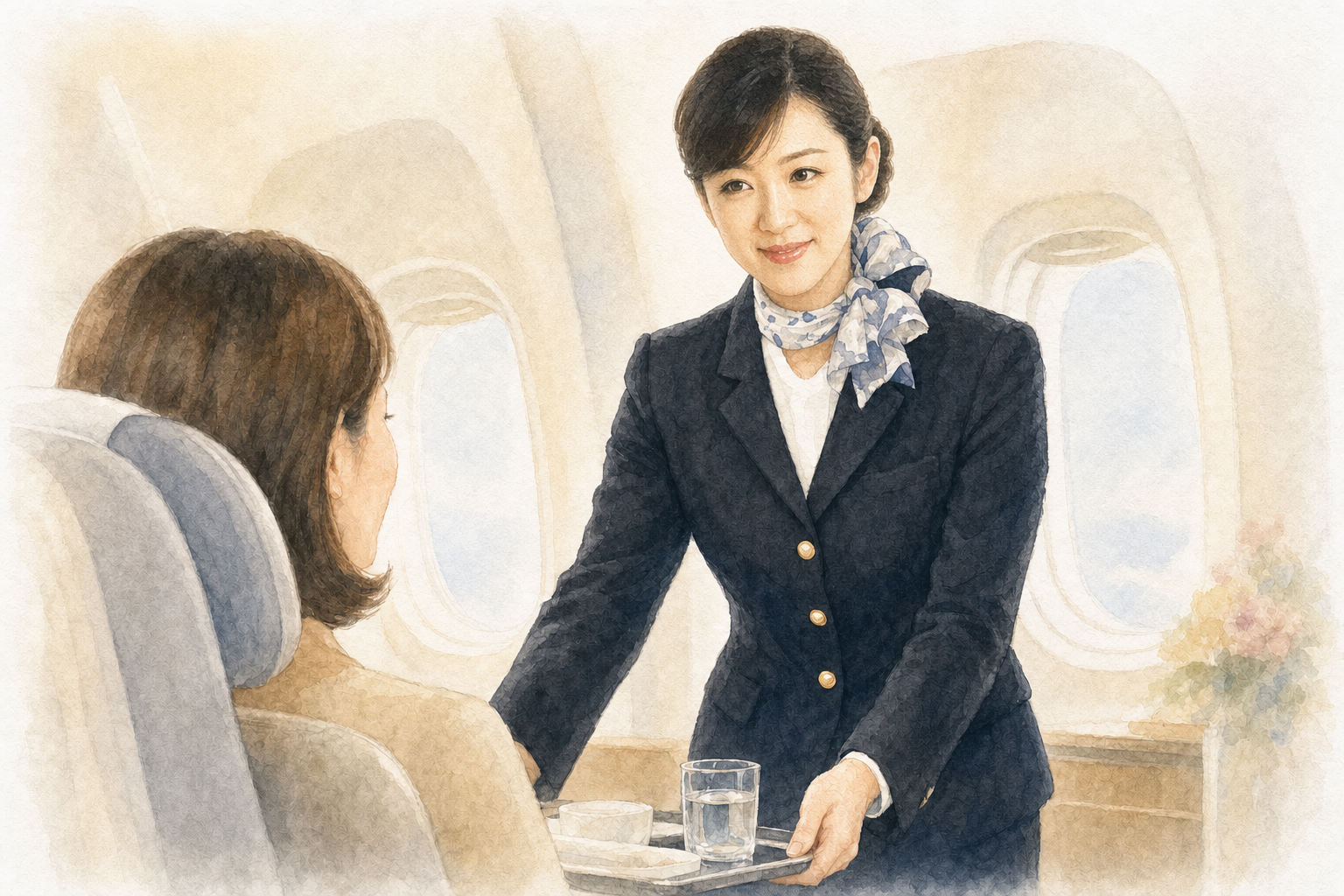 吉野真由美さんの客室乗務員時代をイメージした接客シーン