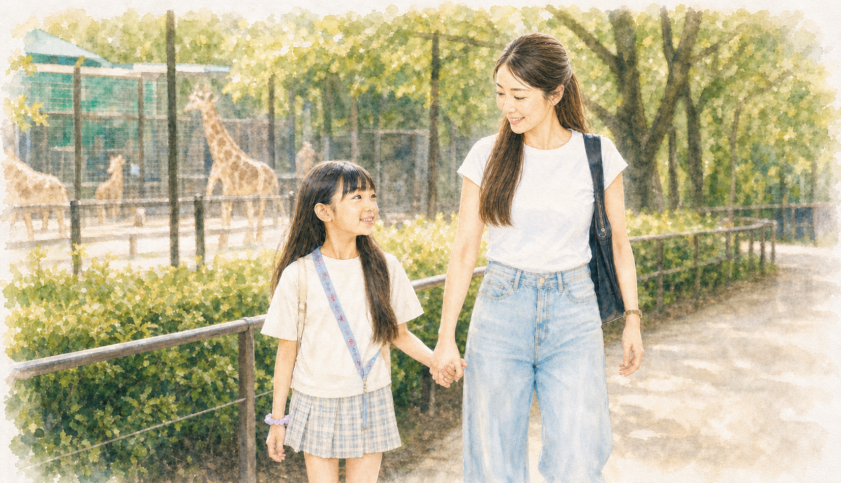 吉冨瑞穂さんが小学生のお嬢さんと動物園を歩く水彩イラスト