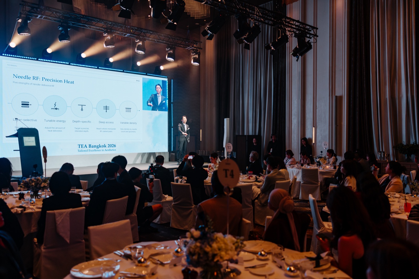 「Needle RF: Precision Heat」のスライドを映すスクリーンとTEA Bangkok 2026の会場