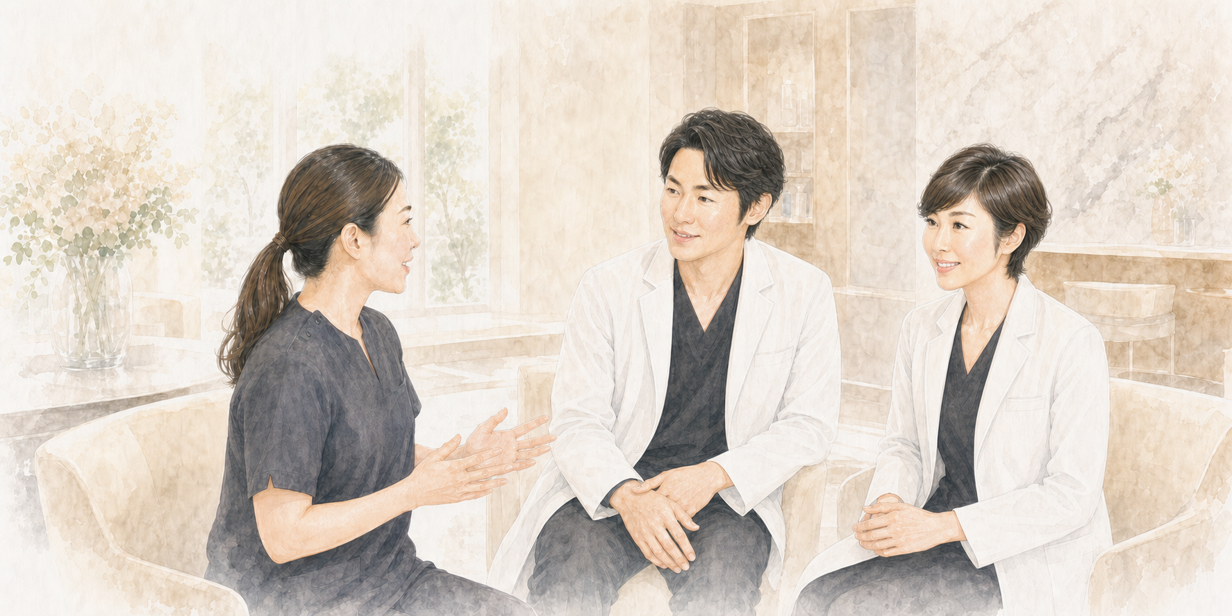及川智江子さんを中心に、謙太郎先生と美香子先生が自然に会話を交わすチーム感のある横長イラスト
