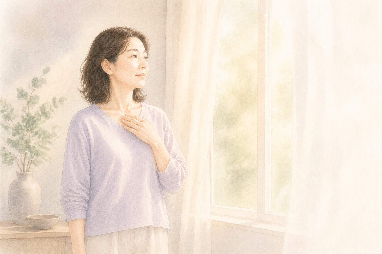 更年期の『なんとなく不調』を感じながら、窓辺の朝の光の中で胸元に手を添える40代後半の女性を描いた淡い水彩イラスト