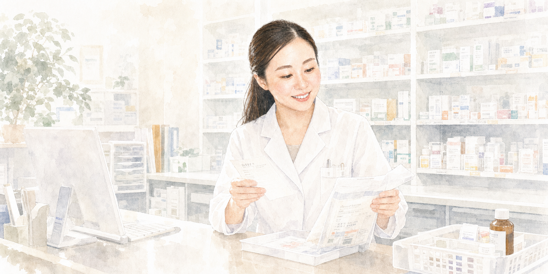 調剤薬局で丁寧に働く及川智江子さんを描いた横長イラスト