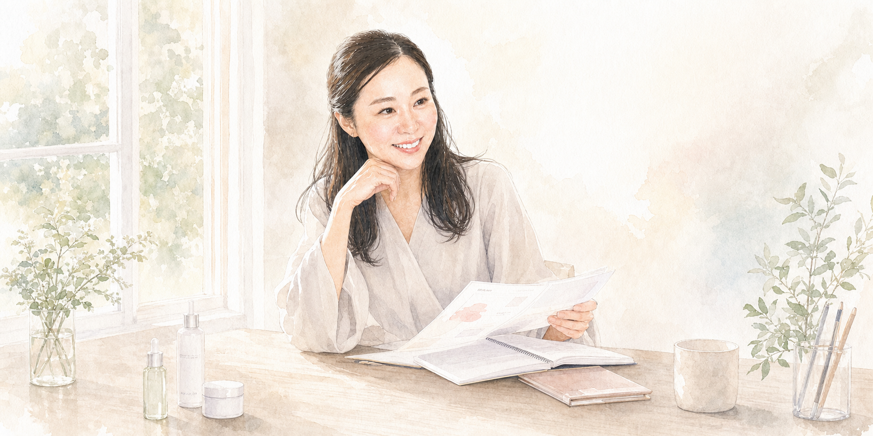 美容が好きという原点と、新しい仕事への想いを表現した及川智江子さんの横長イラスト