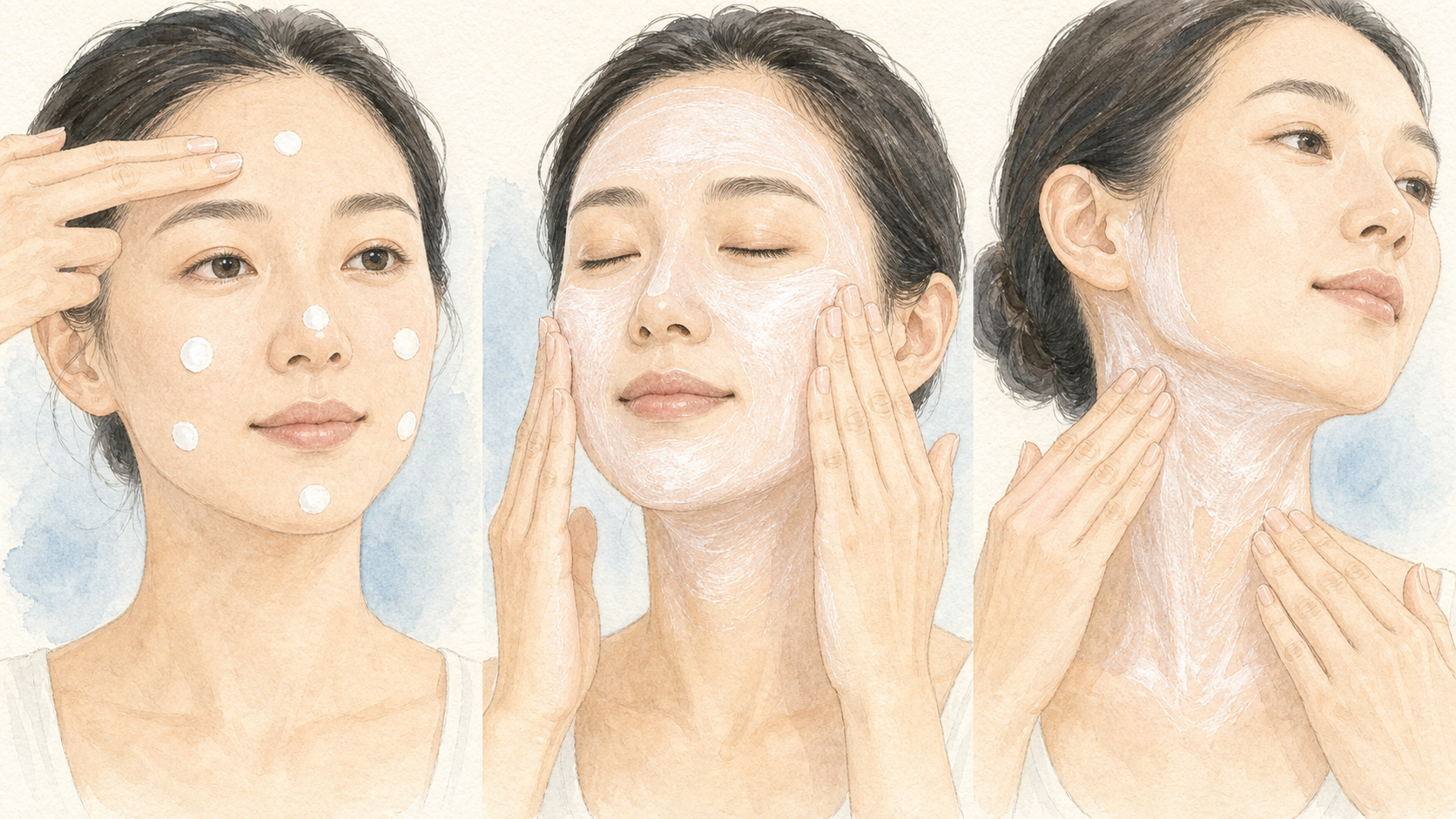 日焼け止めを点置きし、顔全体と首・耳まで広げる手順の水彩イラスト