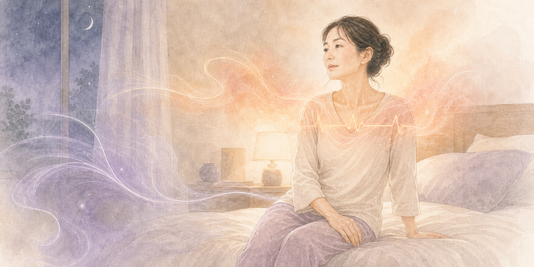 夜の女性のまわりを温度と脈の流れが静かにめぐる様子を表した水彩イラスト