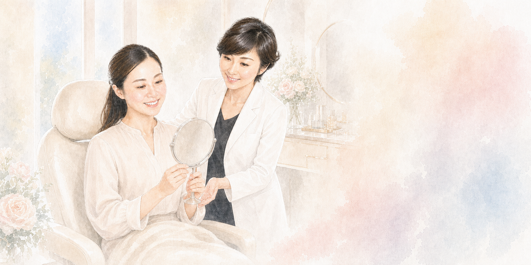 施術後の椅子に座り、鏡を見て仕上がりを喜ぶ及川智江子さんと、美香子先生が寄り添って話す横長イラスト