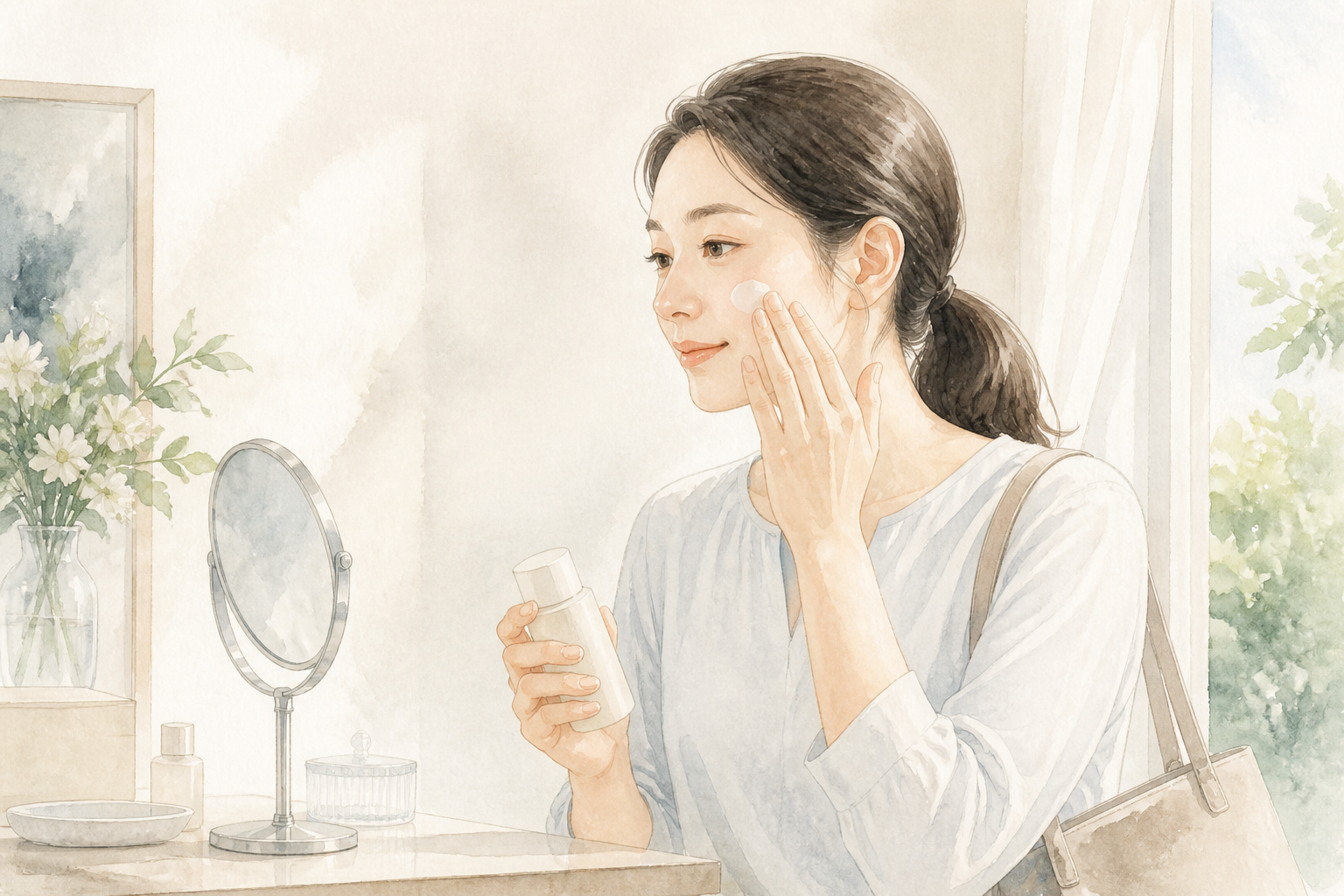 朝の紫外線対策を整える女性の水彩イラスト