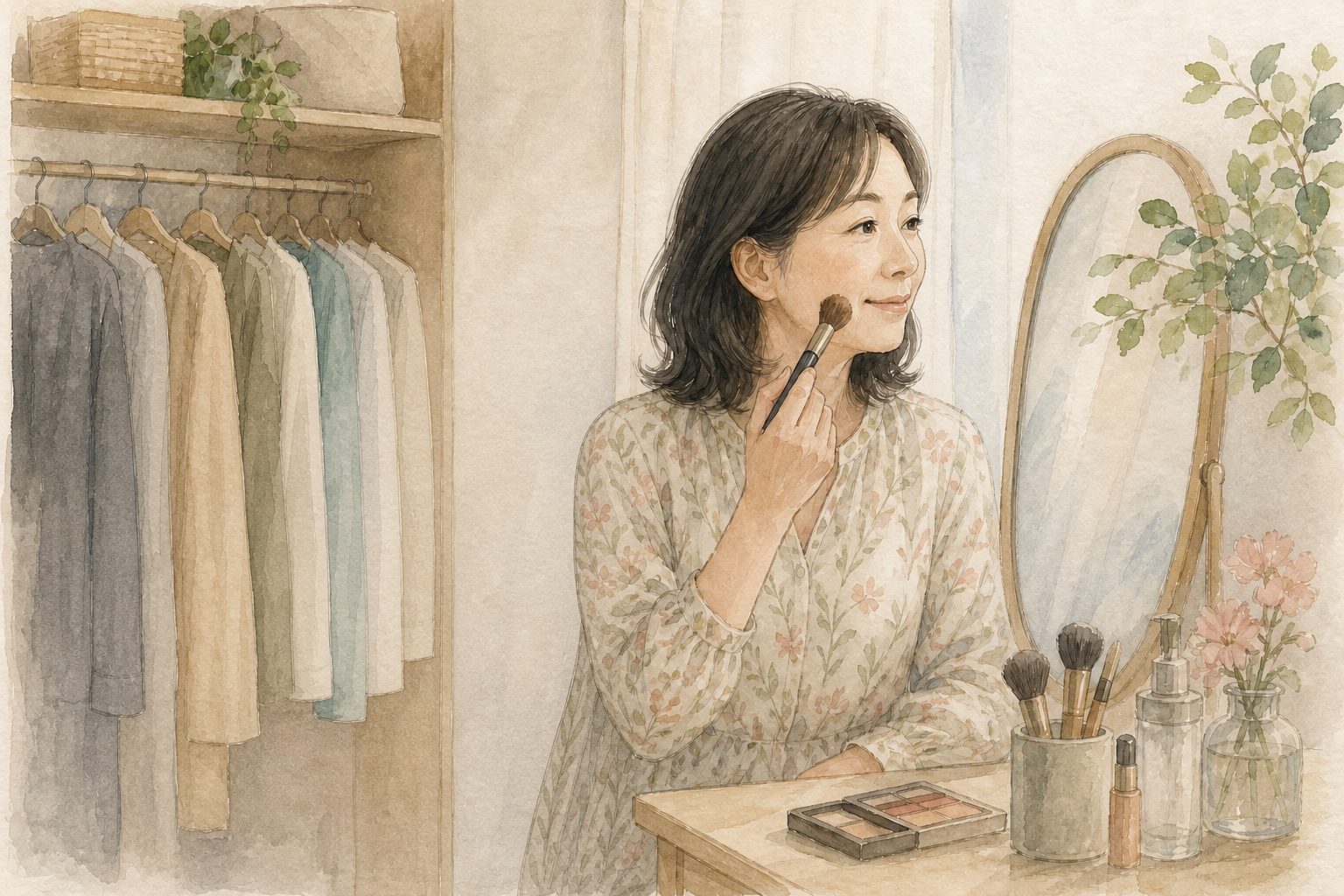 鏡の前でメイクを楽しむ40代後半の女性の水彩イラスト。ヒアルロン酸注入のあと、春の装いを考えている時期のイメージ