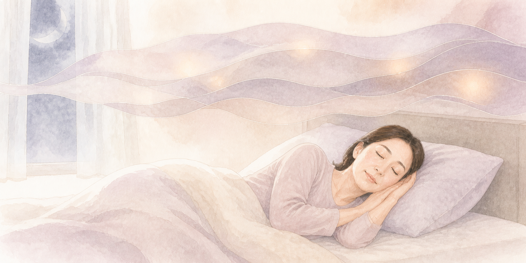 夜の睡眠が浅く途切れることを、ベッドの上の淡い波と光で表した水彩イラスト
