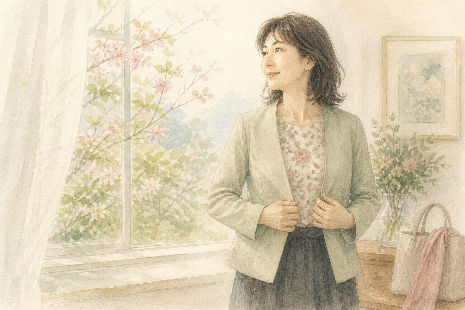 窓辺で上着を整え、一日を始めようとする40代後半の女性の水彩イラスト。更年期の不調から仕事へ戻っていく時期のイメージ