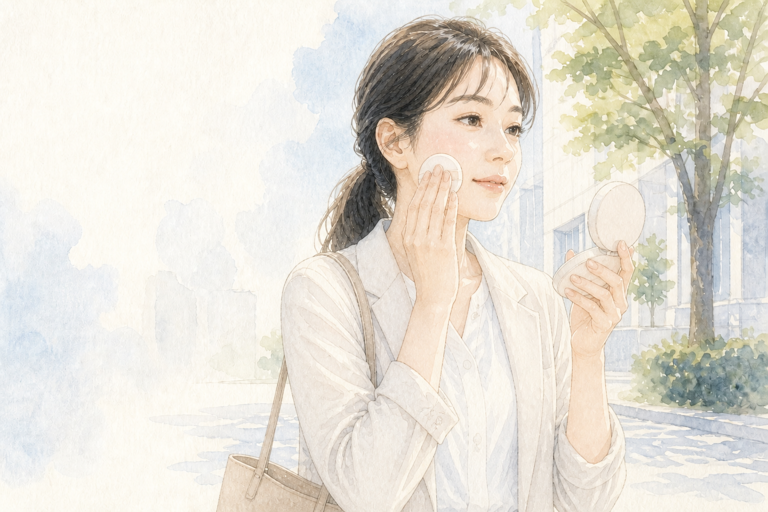 右手でコンパクトを持ち、左手でパフを頬に当ててメイク直しをする水彩イラスト
