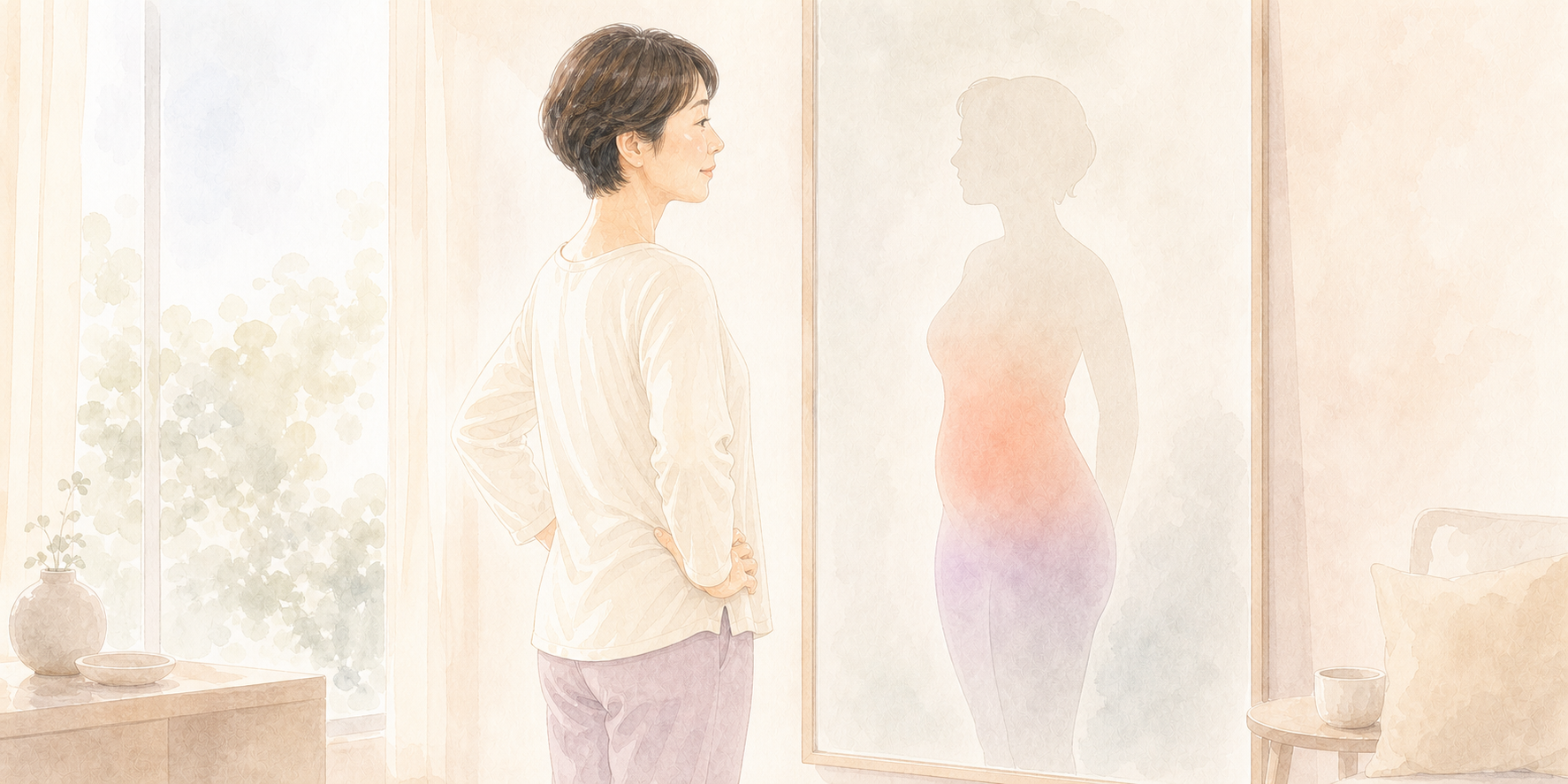 体重だけでは見えにくい身体の配分の変化を、鏡に映る女性と淡い色の重なりで表した水彩イラスト
