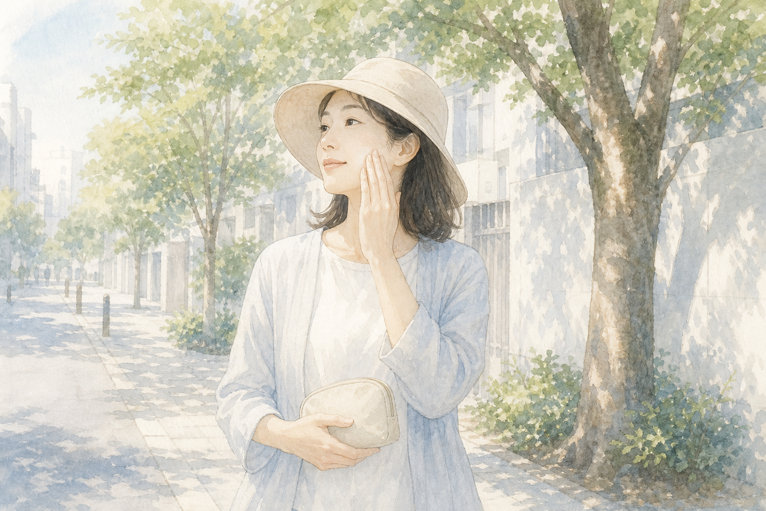 帽子をかぶり木漏れ日のある道を歩く女性の水彩イラスト