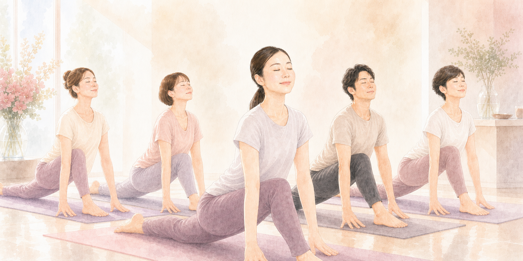 クリニックのチームが一緒にヨガを行い、ウェルビーイングを育む横長イラスト