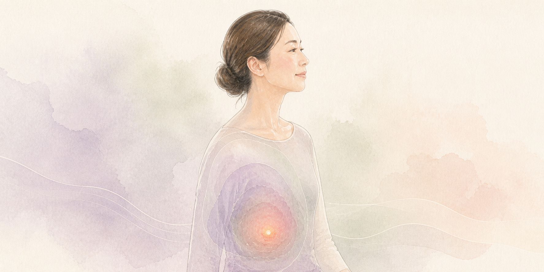 身体の内側に小さな熱が静かにともる様子を表したインフラメイジングの水彩イラスト