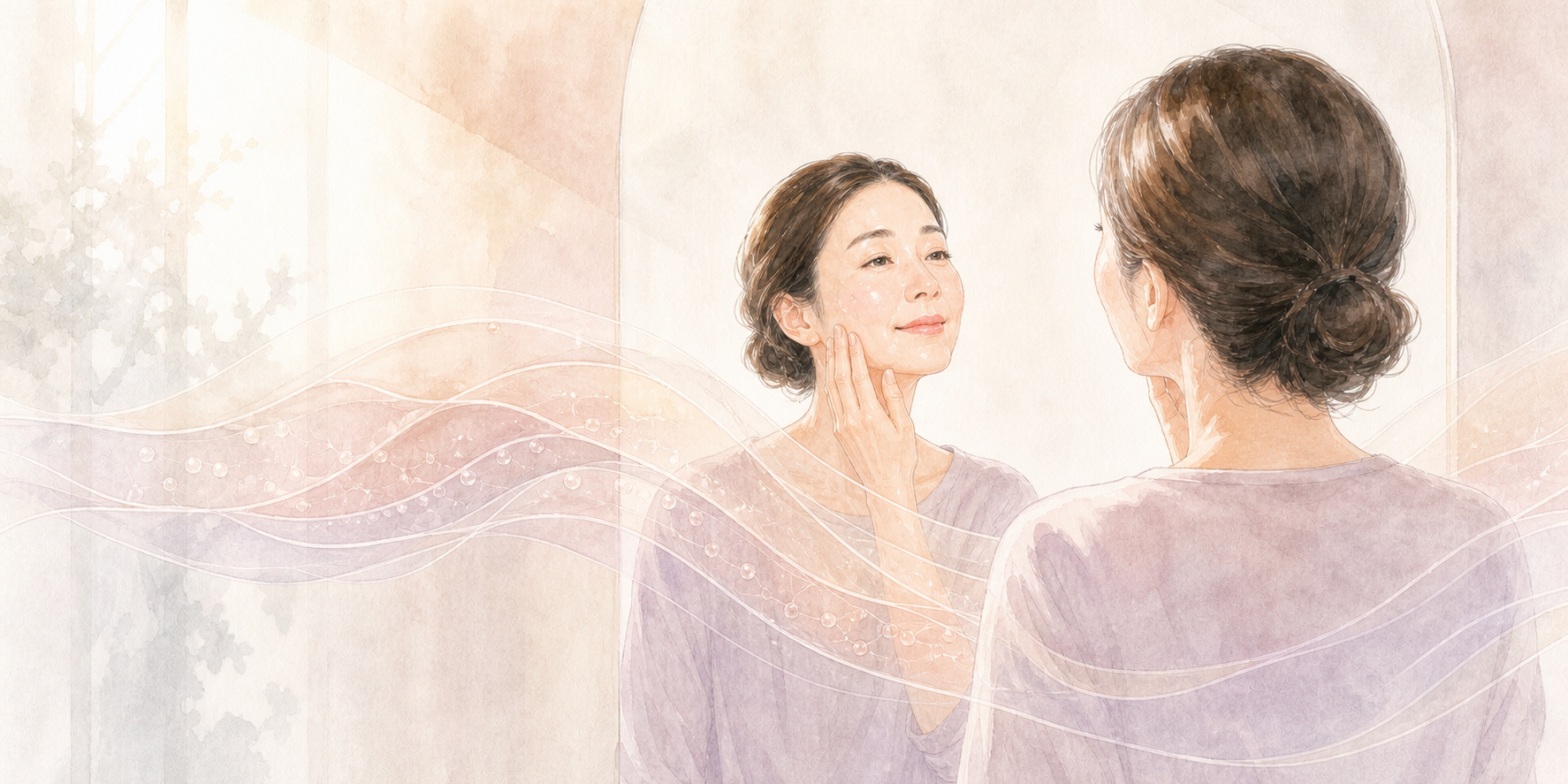 鏡の前で肌に触れる女性と、肌のうるおいを思わせる淡い光を描いた水彩イラスト