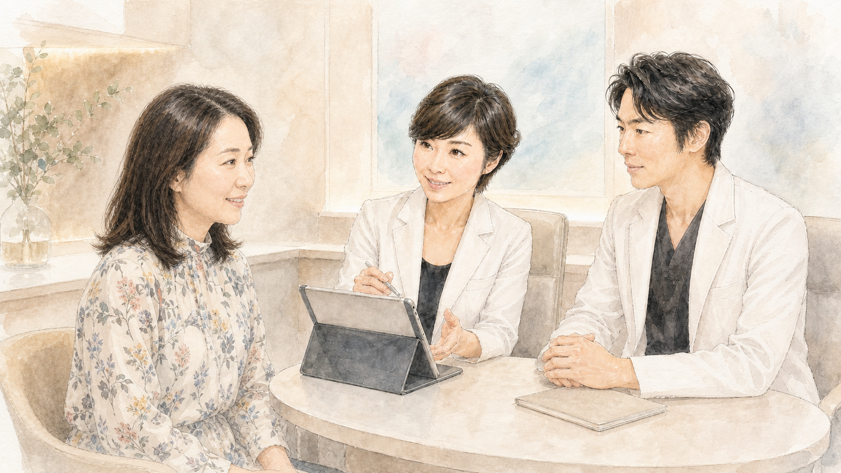 副院長 奥美香子と院長 奥謙太郎が、患者様と翌年の治療について相談している水彩イラスト