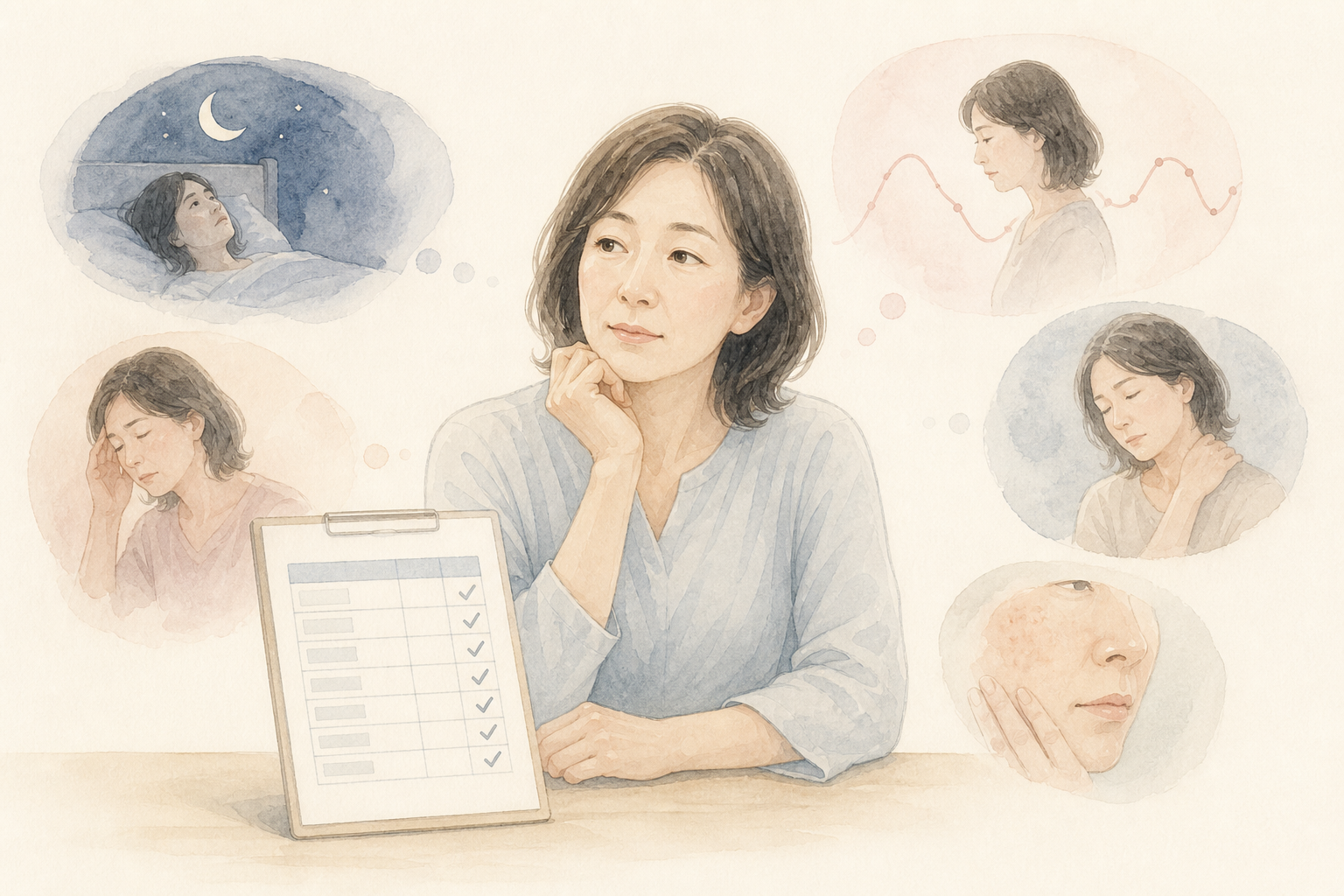 健康診断のチェック項目と、睡眠・ホルモン・疲労・肌の変化を抱える40代後半の女性を描いた淡い水彩イラスト