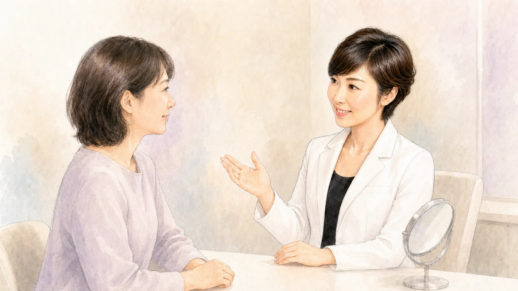美容皮膚科外来で、奥美香子先生が患者さんの方を見ながら、肌と身体全体についてカウンセリングしている淡い水彩イラスト