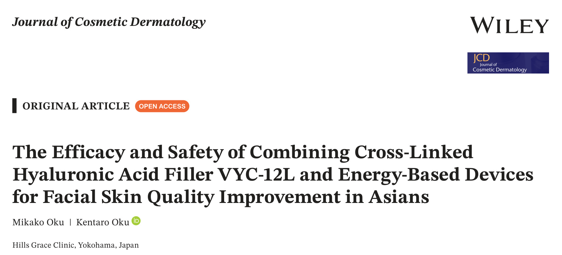 Journal of Cosmetic Dermatology(2025年)に掲載された奥美香子・奥謙太郎の論文 The Efficacy and Safety of Combining Cross-Linked Hyaluronic Acid Filler VYC-12L and Energy-Based Devices for Facial Skin Quality Improvement in Asians の表題部分