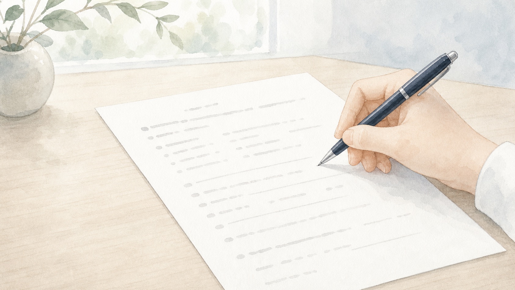 アンケート用紙にペンで記入する手元を描いた水彩イラスト