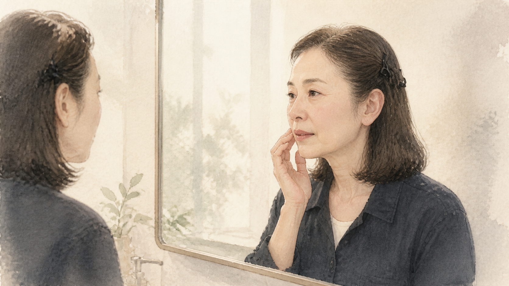 洗面所の鏡で口元の印象を確かめる女性を描いた水彩タッチの横長イラスト
