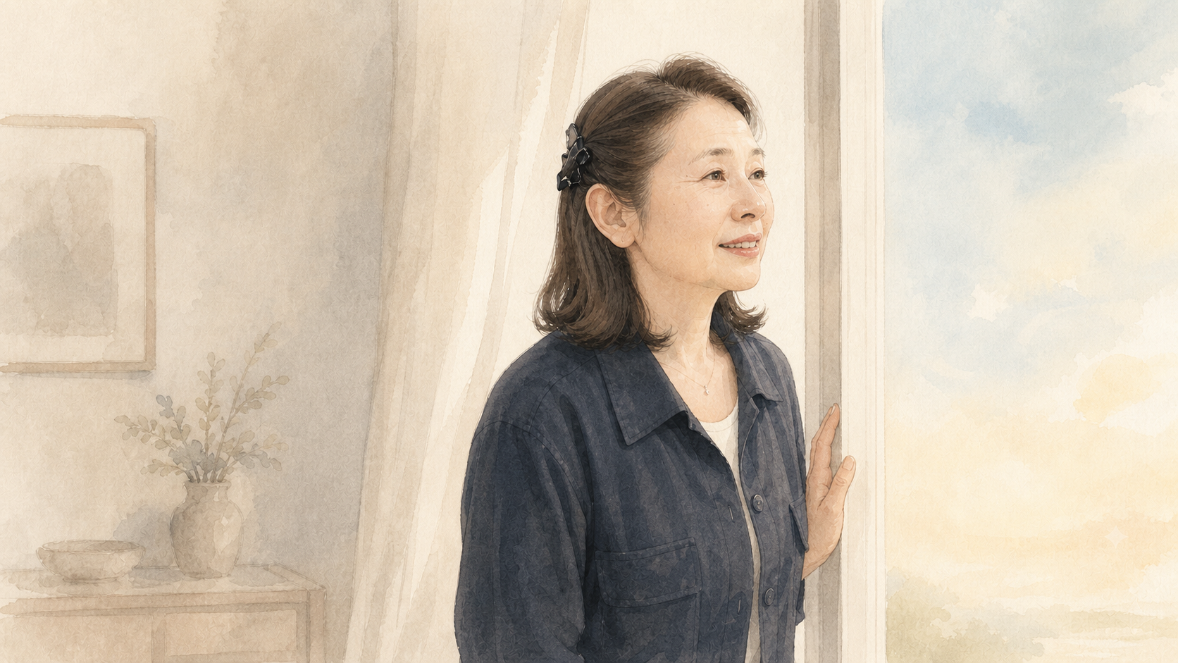 窓辺でこれからの時間を静かに見つめる女性の水彩タッチの横長イラスト