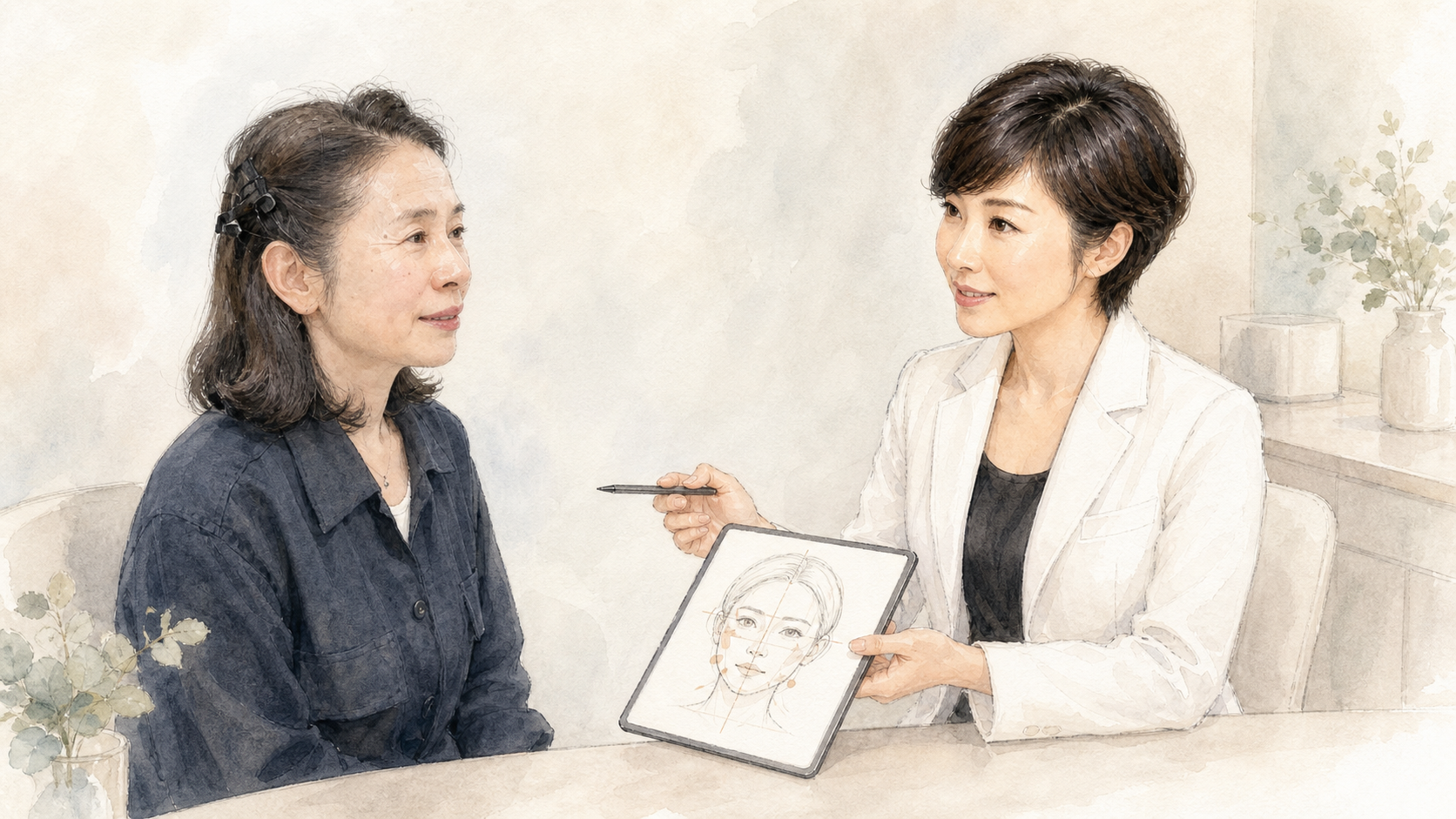 女性医師が顔全体のバランスを説明し、患者が耳を傾ける水彩タッチの横長イラスト