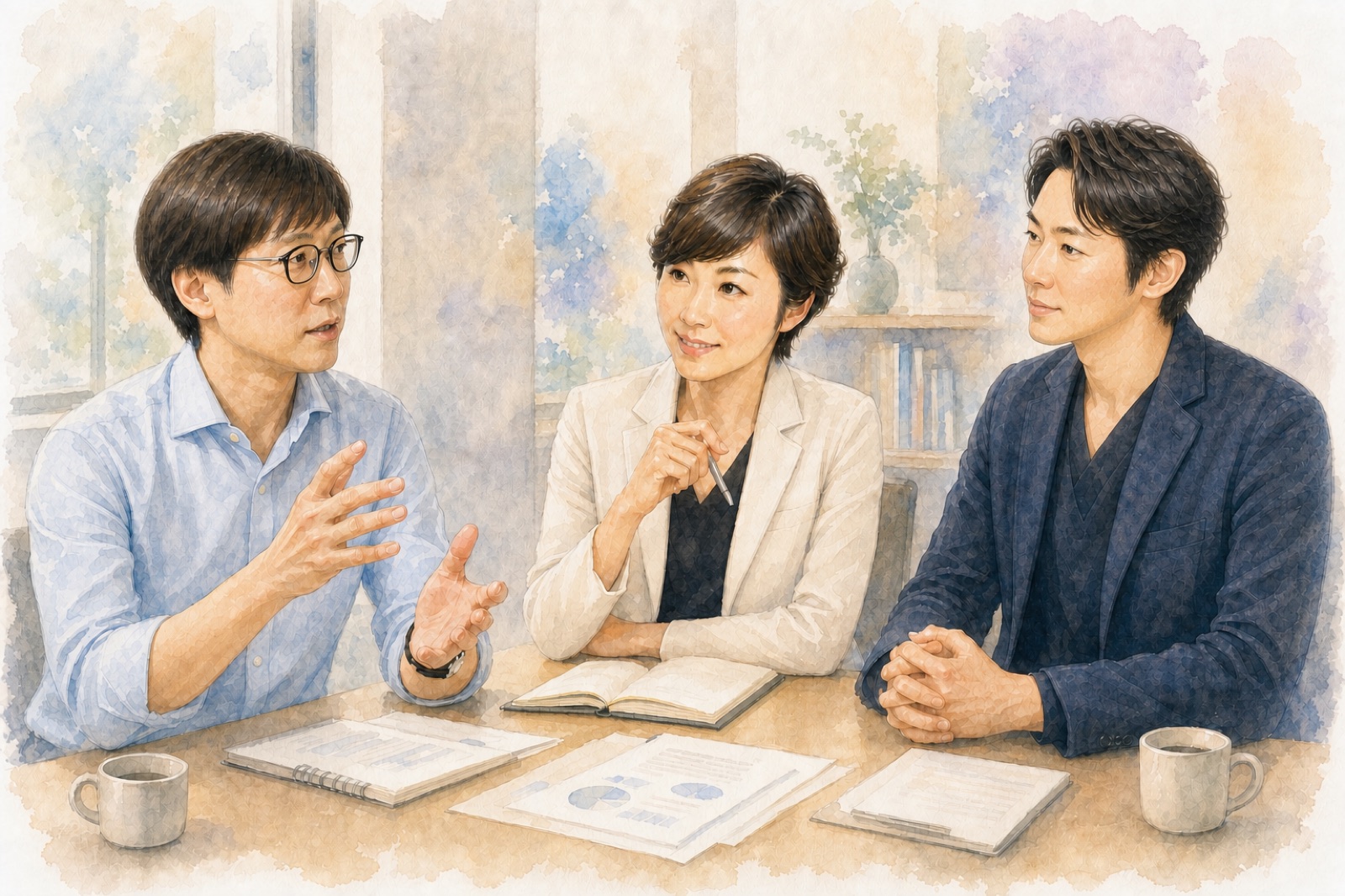 小林盾教授と奥美香子副院長、奥謙太郎院長が共同研究について対話する水彩イラスト