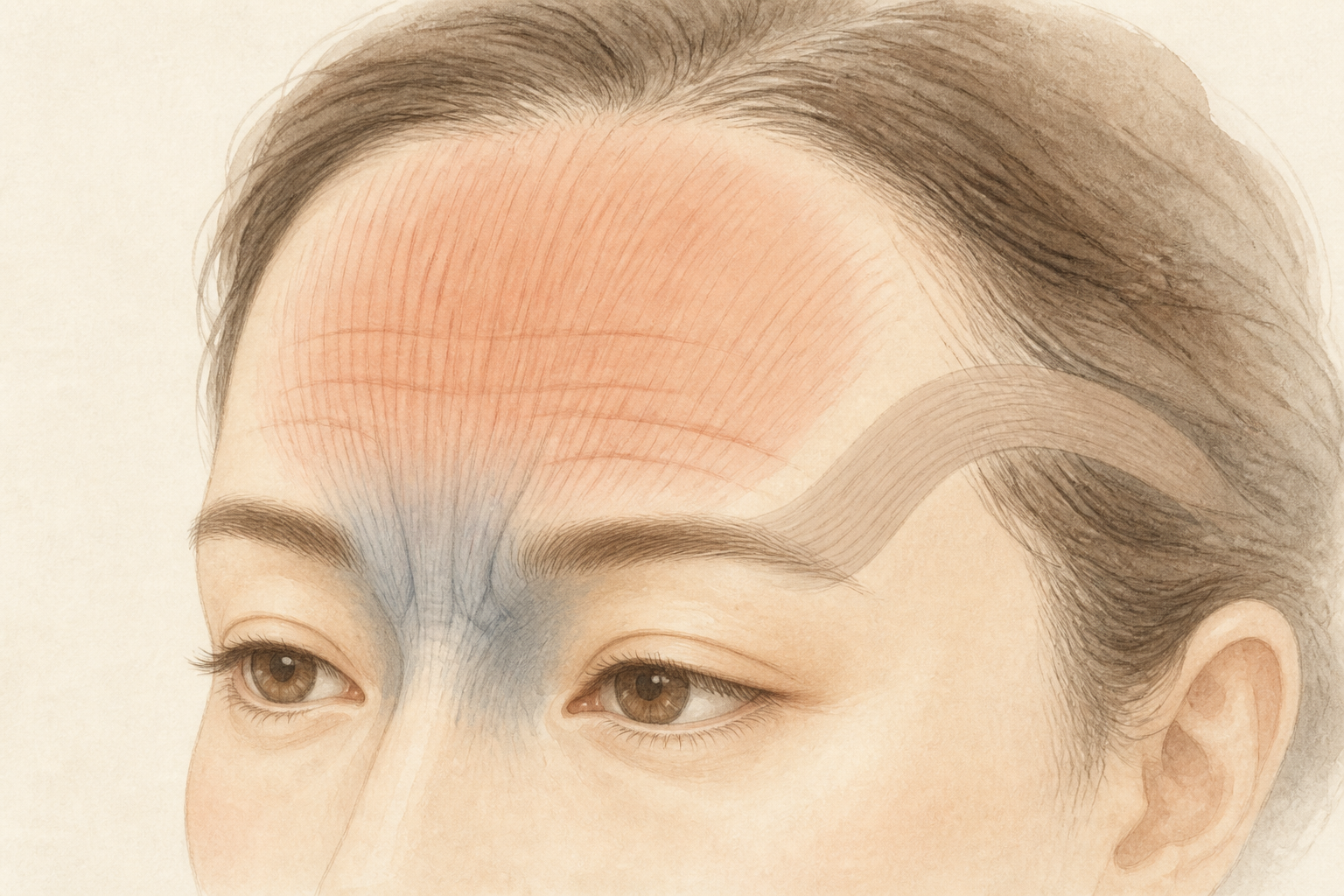 前頭筋・皺眉筋・鼻根筋と額・眉間・こめかみの位置関係を示す解剖イラスト