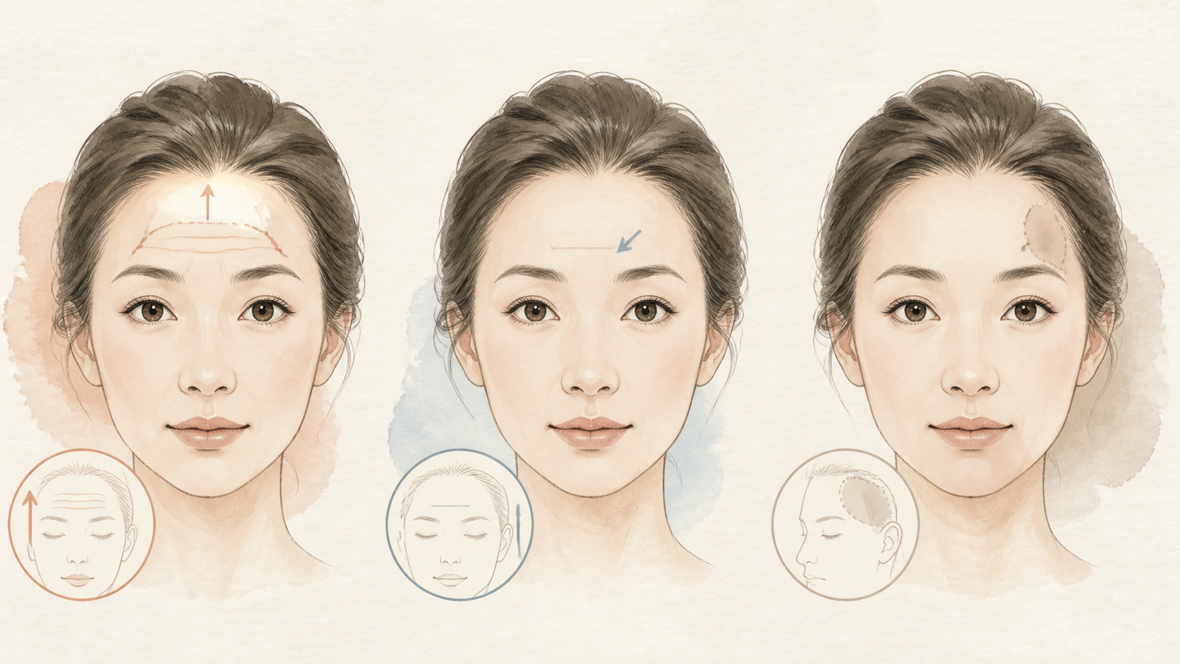 おでこのしわを表情じわ・刻まれたしわ・くぼみの3つの視点から整理したイラスト